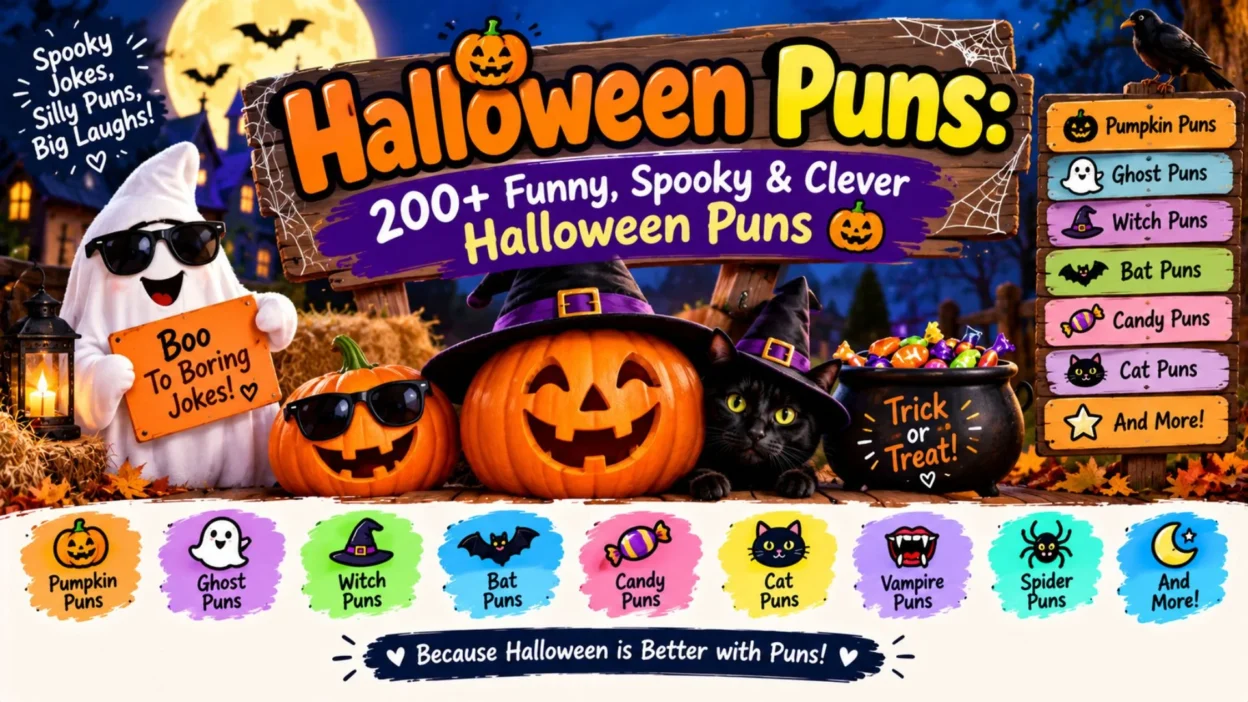 Halloween puns featuring 200+ funny, spooky, and clever pumpkin, ghost, witch, bat, and candy puns