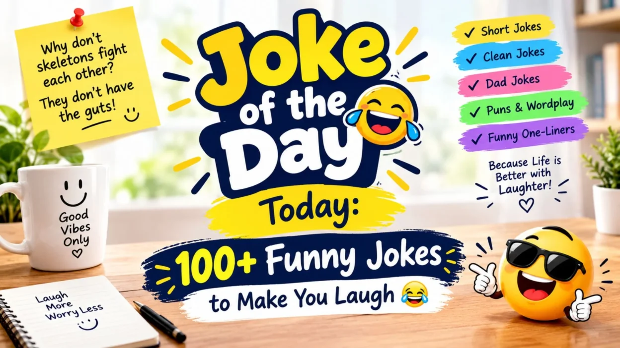 Joke of the Day Today featuring 100+ funny jokes, clean jokes, dad jokes, puns, and hilarious one-liners.