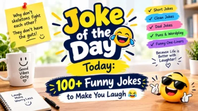 Joke of the Day Today featuring 100+ funny jokes, clean jokes, dad jokes, puns, and hilarious one-liners.