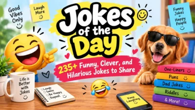 Jokes of the Day featuring 235+ funny, clever, and hilarious jokes with cheerful cartoon characters.