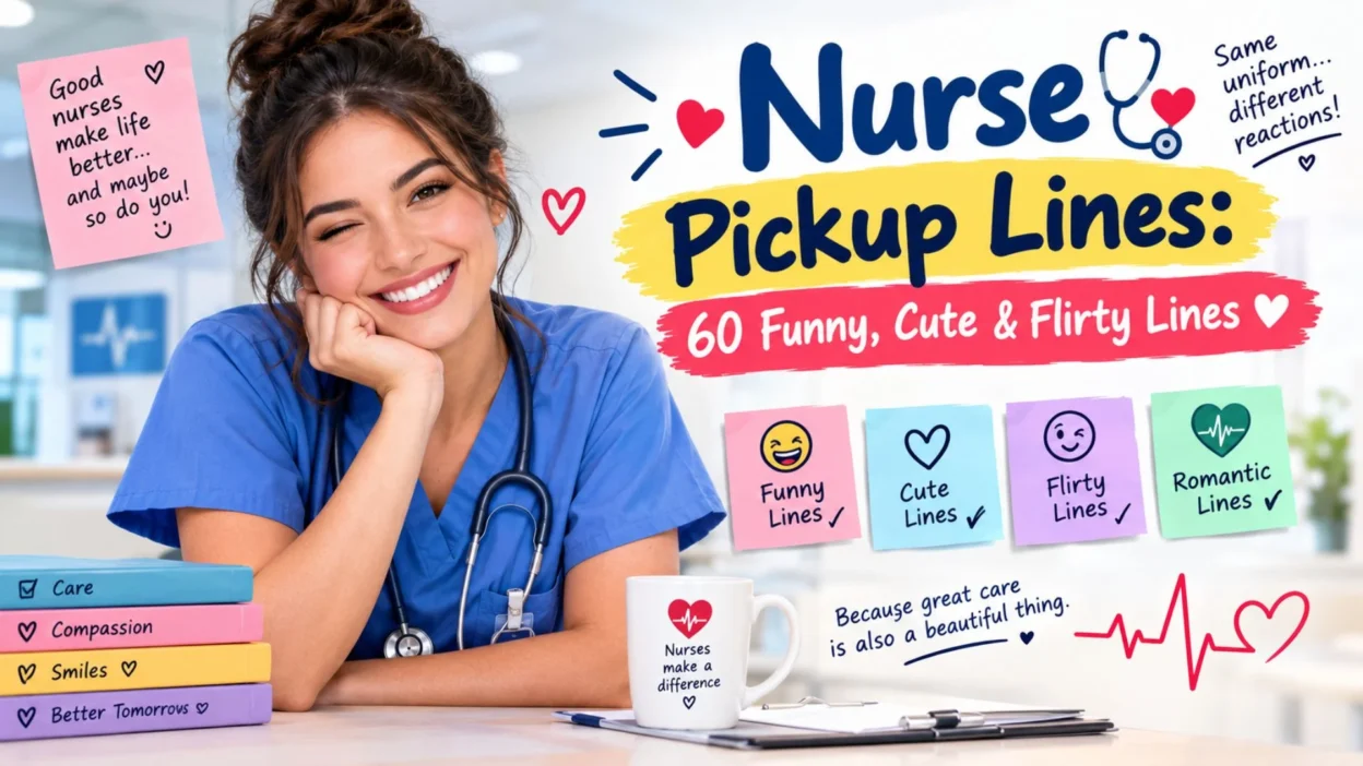 Nurse pickup lines featuring a smiling nurse and 60 funny, cute, and flirty lines.