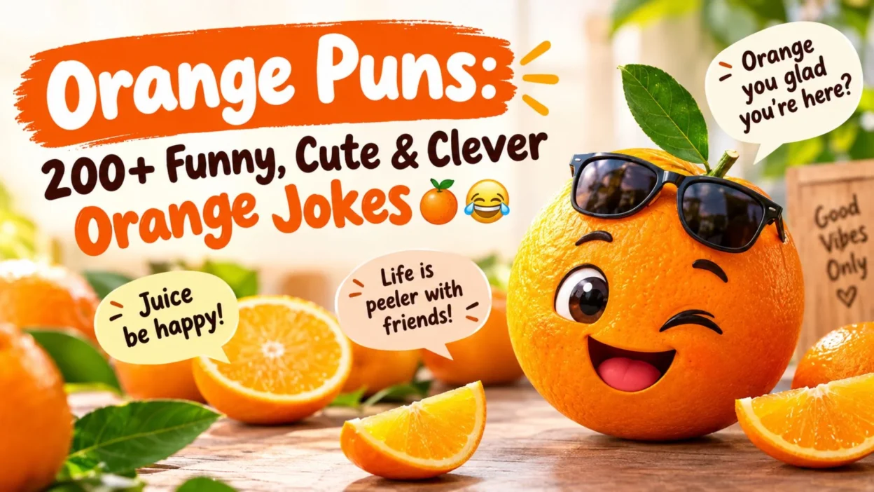 Orange Puns: 200+ funny, cute, and clever orange jokes with a smiling cartoon orange and fresh citrus slices.