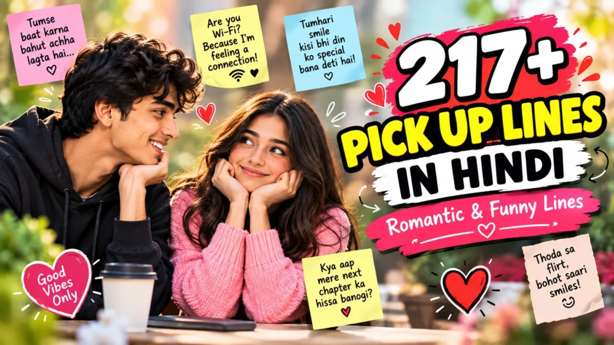 217+ pick up lines in Hindi featuring a romantic couple and funny, cute flirting ideas to impress a girl.