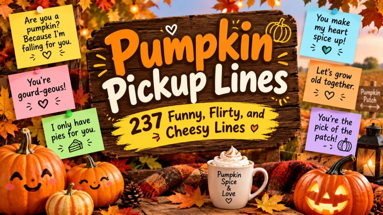 Pumpkin Pickup Lines: 237 funny, flirty, and cheesy autumn-themed pickup lines with cute pumpkins.