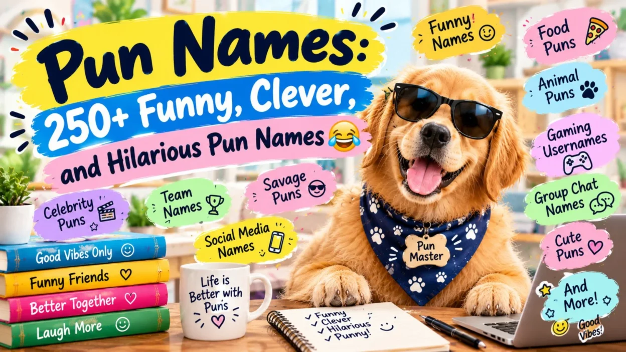 Pun names featuring 250+ funny, clever, and hilarious name ideas with a playful golden retriever.