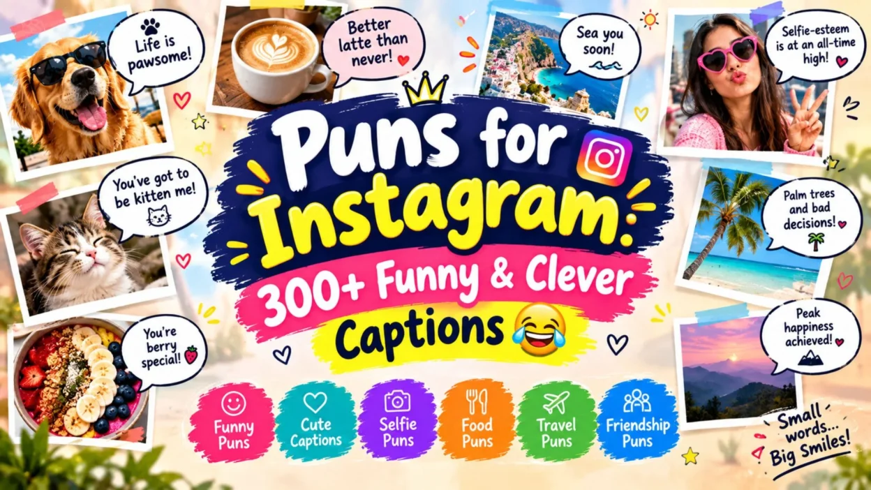 Puns for Instagram featuring 300+ funny and clever captions for selfies, food, travel, pets, and friends.