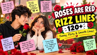 120+ Roses Are Red rizz lines with a romantic couple, red roses, and funny, flirty pickup lines.
