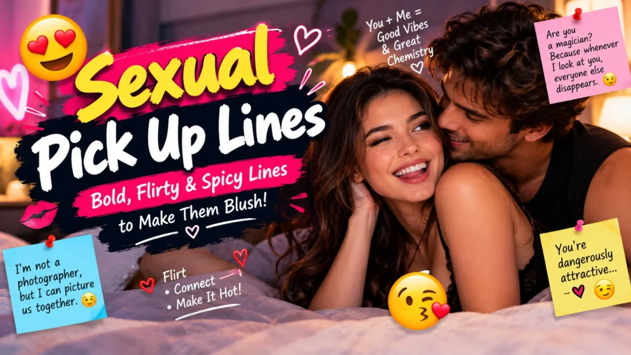 Sexual pick up lines featuring a romantic couple, spicy flirting, and playful emojis