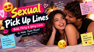 Sexual pick up lines featuring a romantic couple, spicy flirting, and playful emojis