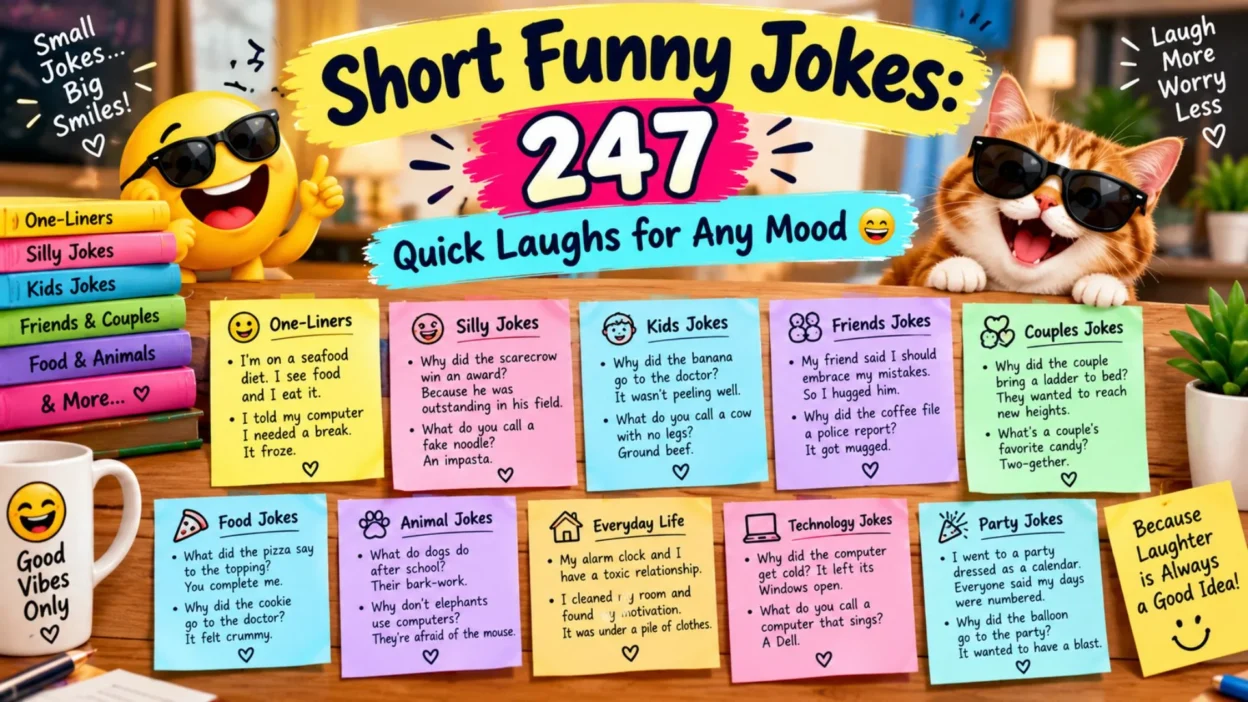 Short funny jokes featuring 247 quick laughs, silly one-liners, and cheerful humor for any mood.