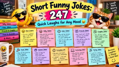 Short funny jokes featuring 247 quick laughs, silly one-liners, and cheerful humor for any mood.