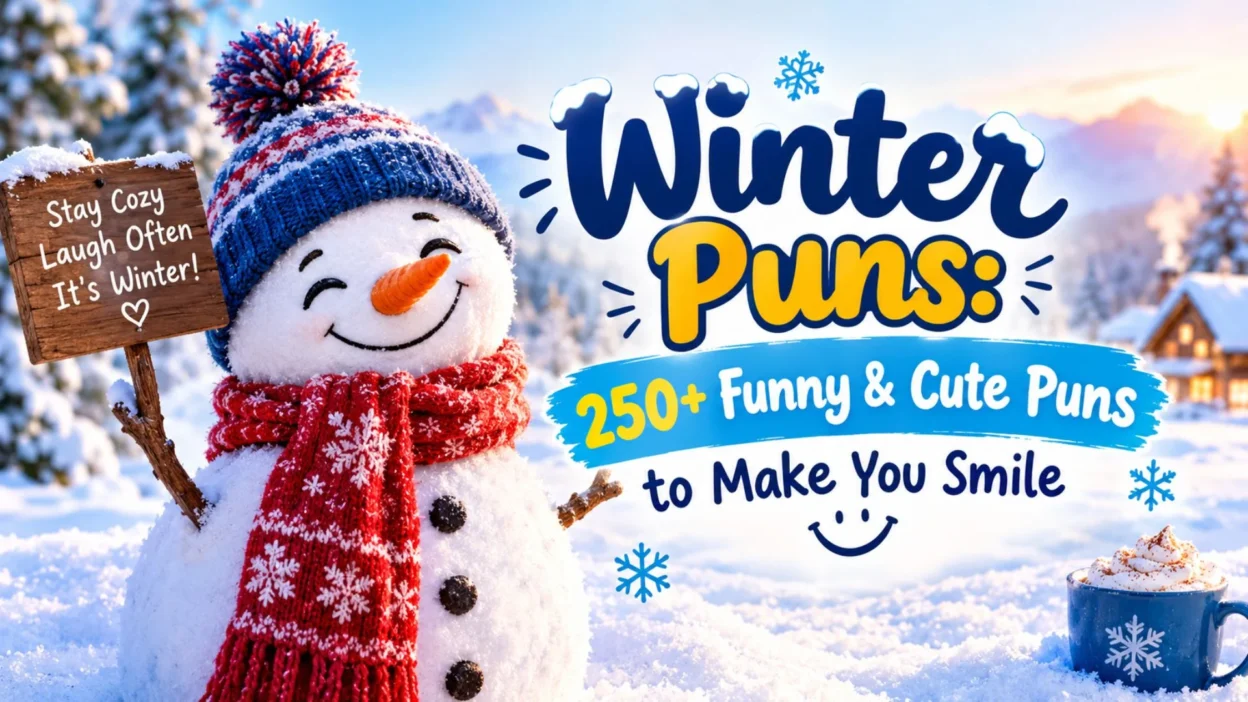 Winter Puns: 250+ funny and cute winter puns with a smiling snowman, snowy scenery, and hot chocolate