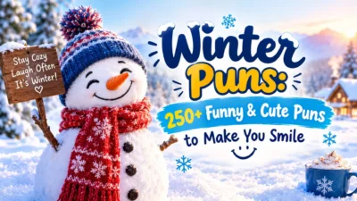 Winter Puns: 250+ funny and cute winter puns with a smiling snowman, snowy scenery, and hot chocolate
